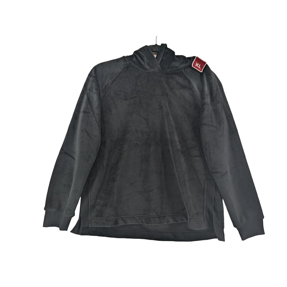 Members Mark Plush Hoodie XL Black Velour Soft Side Split Relaxed Fit Sweatshirt